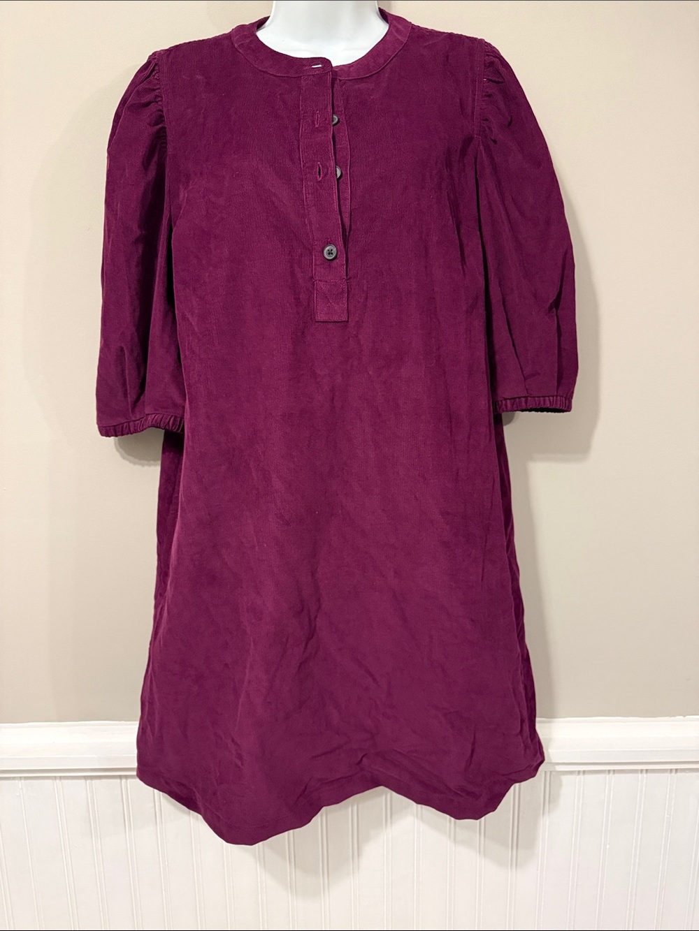 GAP 100% cotton Plum Button-Front Puff-Sleeve Midi Dress